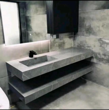 太空鋁懸掛式浴室柜，雙層巖板懸浮浴室柜